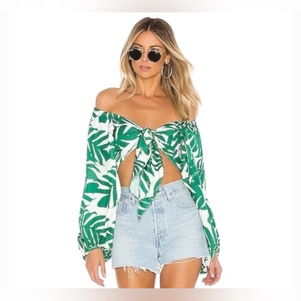 Bardot x Revolve Geo Palm Crop Off The Shoulder Tie Top in White/Green